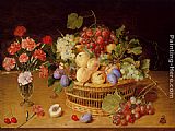 A Still Life Of A Vase Of Carnations To The Left Of A Basket Of Fruit by Gerrit van Honthorst